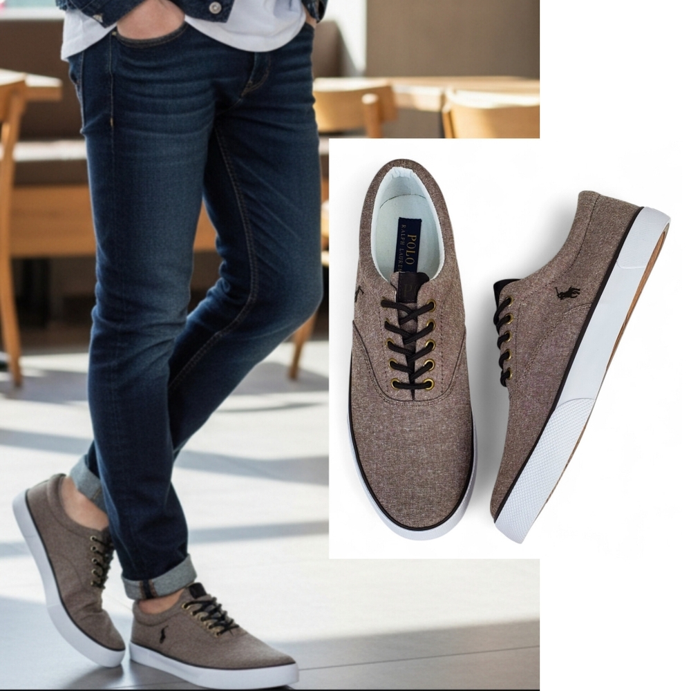 New Polo Ralph Lauren Forestmont 10.5 D chambray canvas sneakers brown preppy